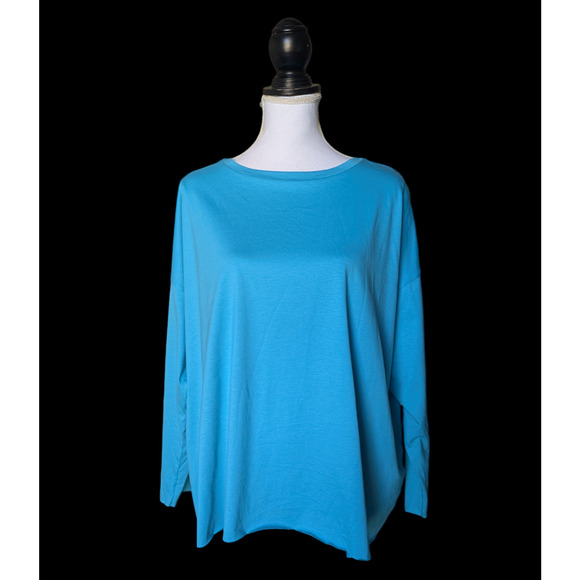 Planet Lauren G Aqua Blue Oversized Raw Hem Pima Cotton T Shirt OSFM Long Sleeve - Picture 1 of 7